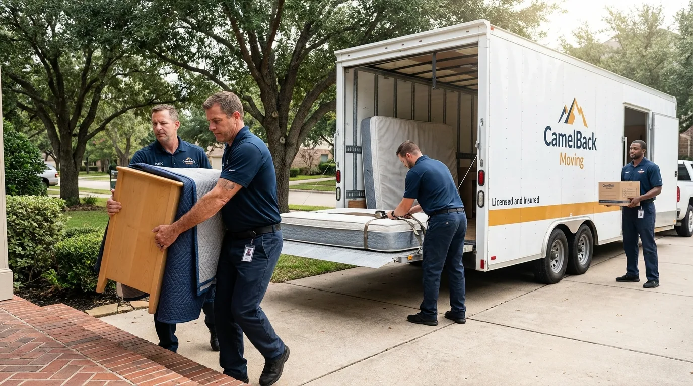 Crew loading residential truck for cross-state move from Norman, OK