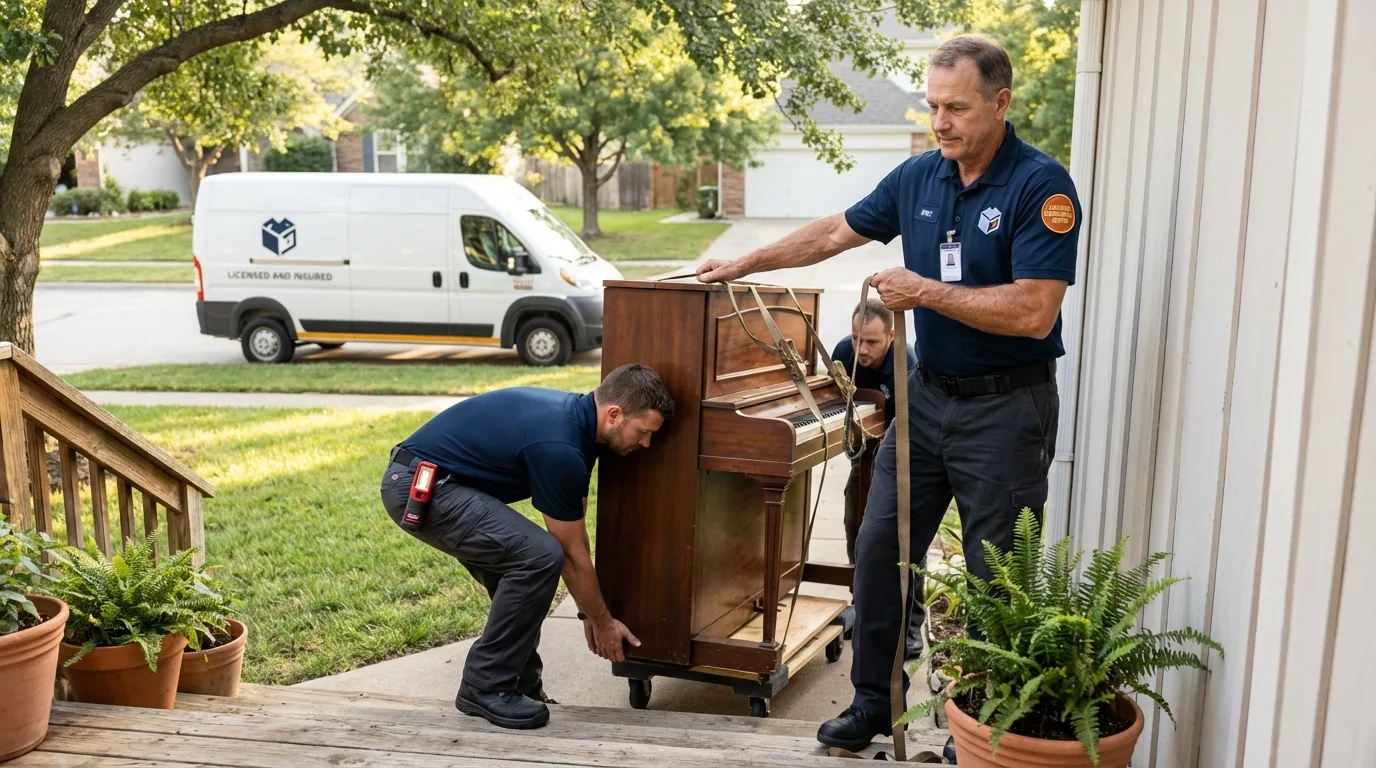 Licensed piano movers securing grand piano in Norman, OK