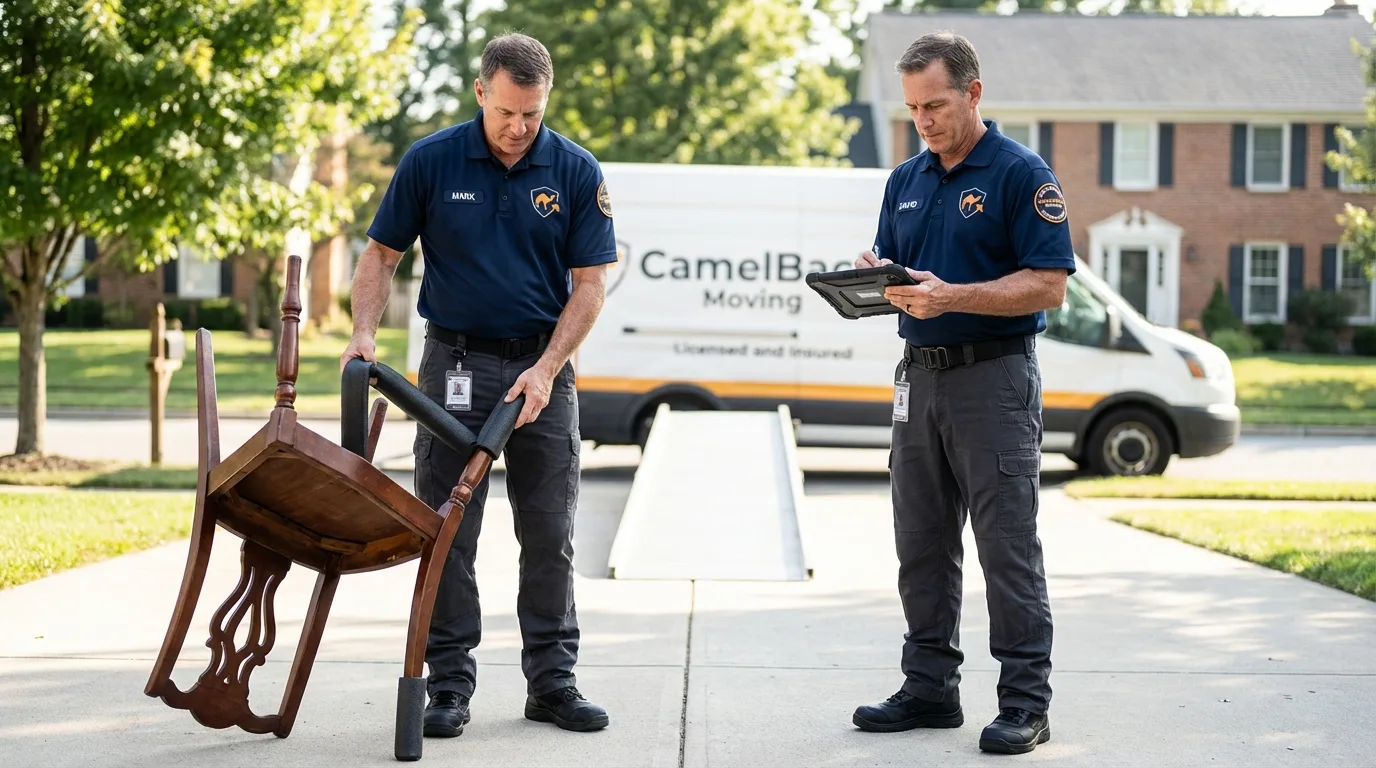 Movers inspecting furniture for damage prevention before loading in Norman, OK