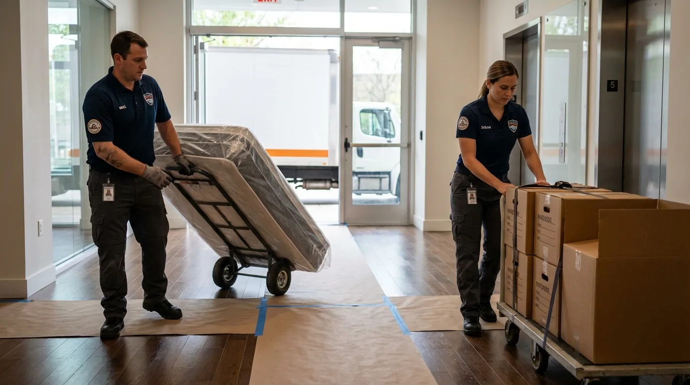 Professional apartment movers loading elevator in Norman, OK